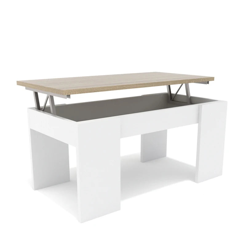 Mesa de centro elevable con almacenamiento oculto.
